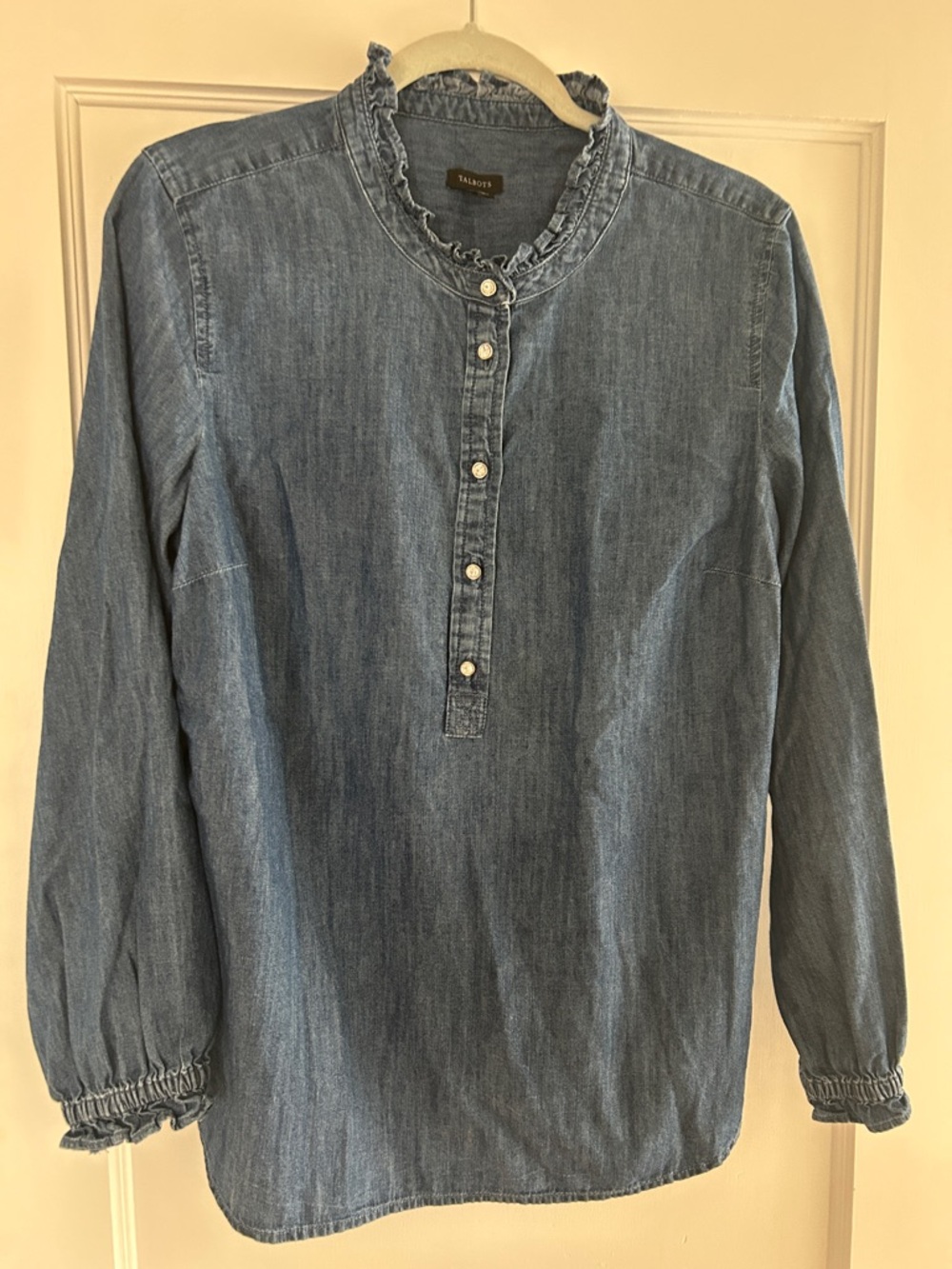 Talbots Light Blue Denim Ruffle-Neck Henley
